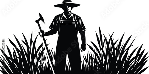 Farmer in overalls and hat standing in tall grass holding a tool