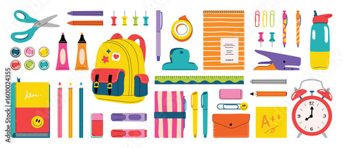 School supplies and education element vector set. hand drawn of pen, pencil, book, ruler, tape, bag, clock, bottle, stapler, pin. Design for sticker, kids, Back to School decoration.