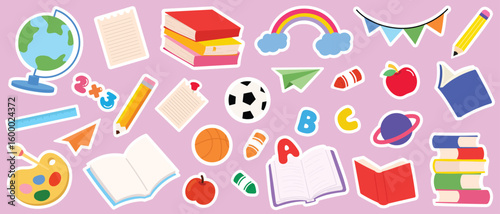 School supplies and education element vector set. hand drawn of pen, pencil, book, ruler, globe, football, palettes, rainbow, flag, basketball. Design for sticker, kids, Back to School decoration.