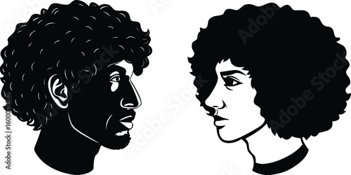 Two diverse individuals with afro hairstyles facing each other in profile view