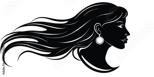 Elegant silhouette of a woman with flowing hair and a dangling earring