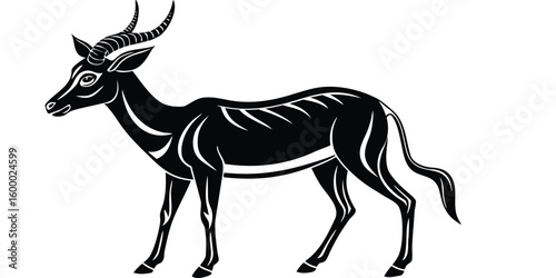 Stylized black and white illustration of a graceful antelope with striped markings