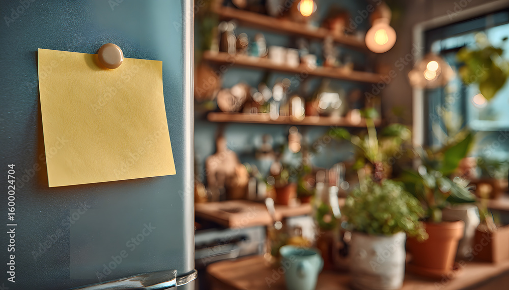 Single yellow sticky note pinned to refrigerator door in cozy kitchen interior. Reminds about task, grocery list. Blank paper, copy space for notes, text. Reminder concept. Home decor. Communication. Single yellow sticky note pinned to refrigerator door in cozy kitchen interior. Reminds about task, grocery list. Blank paper, copy space for notes, text. Reminder concept. Home decor. Communication.