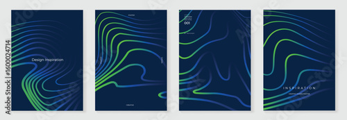 Abstract line wave gradient poster background vector set. Minimalist cover template with vibrant perspective line wave in motion. Ideal design for social media, cover, banner, flyer, music, ads.