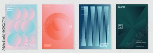 Modern gradient poster background vector set. Minimalist cover template with vibrant perspective geometric prism shapes in motion. Ideal design for social media, cover, banner, flyer.