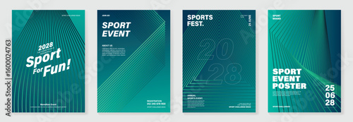 Sport line poster background vector set. Minimalist cover template with green perspective line wave in motion. Ideal design for social media, cover, banner, flyer, ads. 