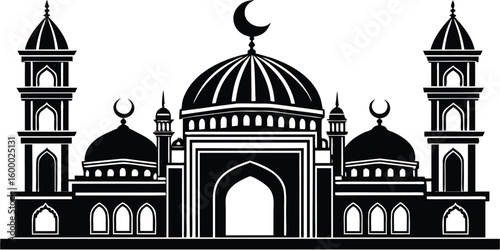 Elegant black and white silhouette of a grand mosque with multiple domes and minarets