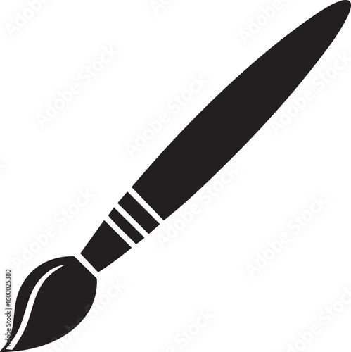Black silhouette of a single artist paintbrush with bristles isolated on transparent background