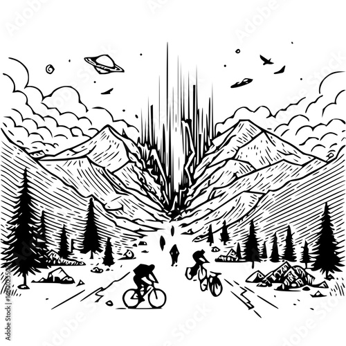 Mountain bikers riding through a landscape with mountains, trees, ufos and a strange light beam