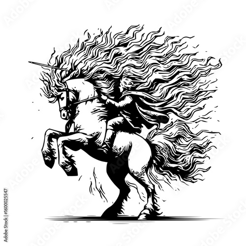 Illustration of a rearing unicorn with a long mane and a rider in black and white style image