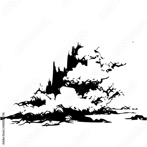 Illustration of a dark castle silhouette emerging from a mass of jagged shapes on a white background