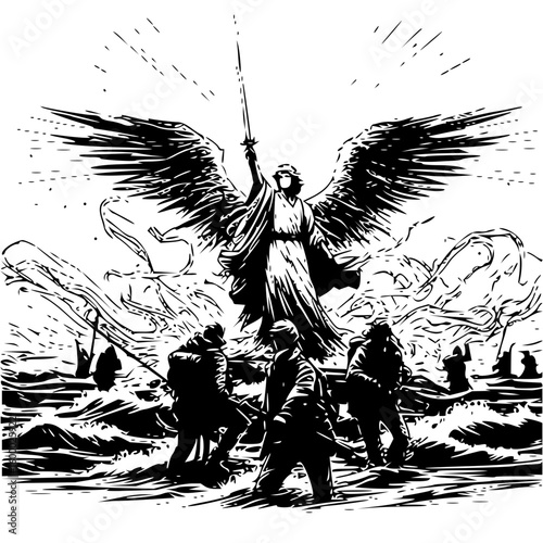 Angel with sword above soldiers in water in black and white illustration style drawing design art 100