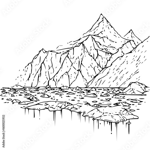 Illustration of a mountain range with a body of water and ice floes in the foreground landscape view