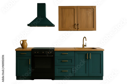 Teal kitchen cabinetry with wooden accents.