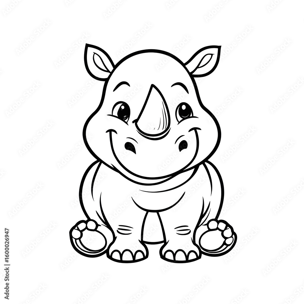 Obraz premium Handdrawn Outline Cute Rhino Smiling Sitting Animal Illustration. Ai Generated Images