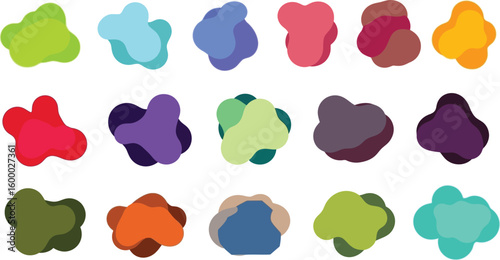 Collection of fifteen colorful abstract blob shapes with soft shadows and layered effects