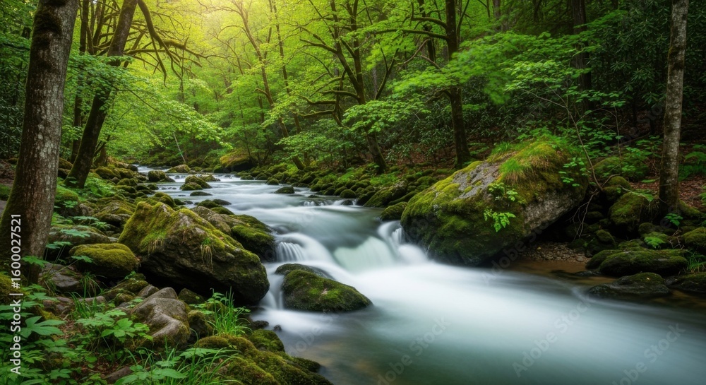 Serene Forest Stream Flowing Over Mossy Rocks in Lush Green Woodland Serene Forest Stream Flowing Over Mossy Rocks in Lush Green Woodland