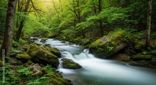 Serene Forest Stream Flowing Over Mossy Rocks in Lush Green Woodland