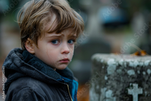 Generative AI portrait of small boy in cemetery grief and respect for dead person