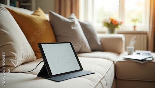 A tablet with a blank screen rests on a cream-colored sofa amongst pillows, near a window with sunlight streaming in, and a side table with books and a flower arrangement