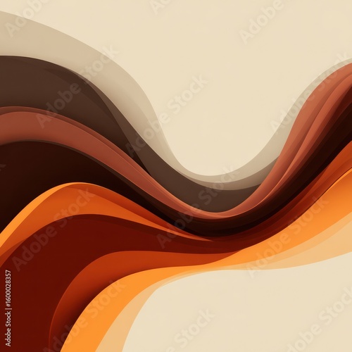 Organic liquid waves in gradient shades of dark brown and burnt orange create a flow on a beige background.