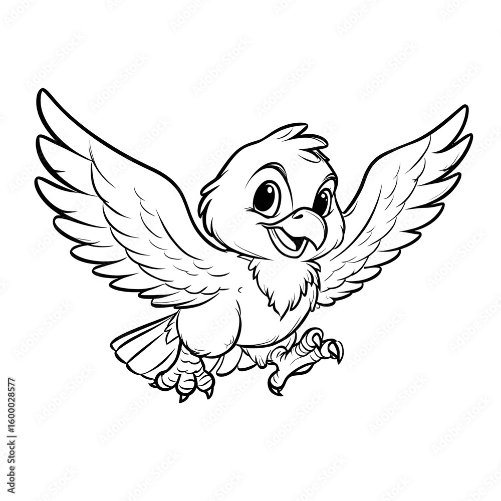 Fototapeta premium Line Art Cute Flying Bird Cartoon Character Drawing Illustration. Ai Generated Images