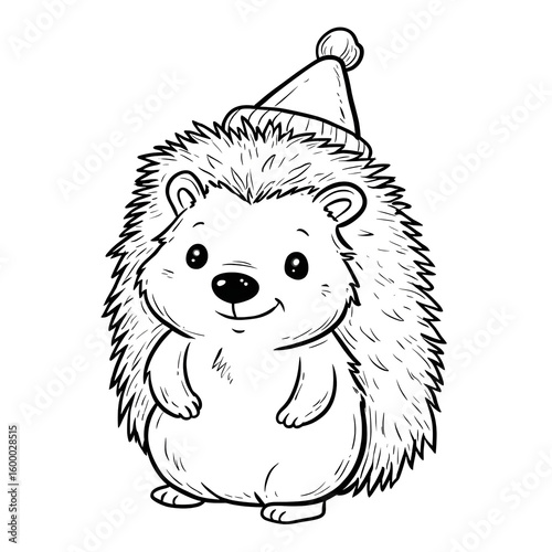 Outline Handdrawn Cute Christmas Hedgehog with Hat Smiling Illustration. Ai Generated Images