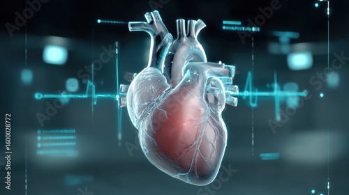 3D illustration of a human heart with digital elements showing vascular system and heartbeat in a medical environment