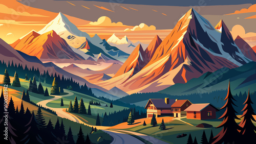 Panorama of the Alps near Chamonix during sunset. Chamonix, France.
