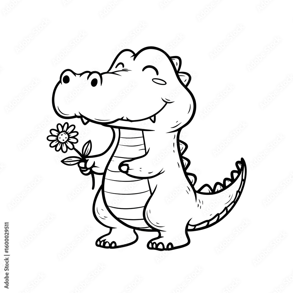 Fototapeta premium Cute Outline Friendly Crocodile Holding a Flower Cartoon Illustration. Ai Generated Images