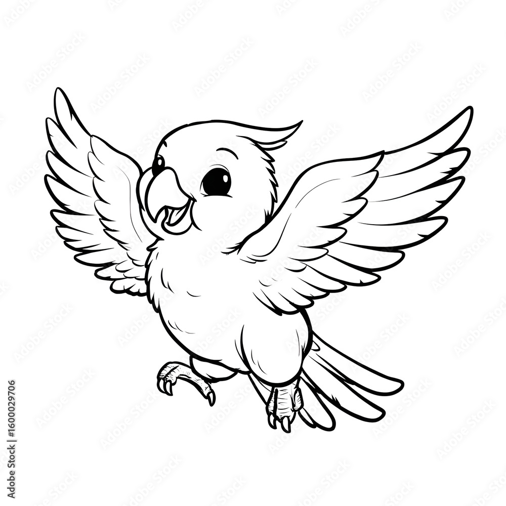 Obraz premium Outline Cartoon Illustration of a Cute Cockatoo Flying with Open Wings. Ai Generated Images