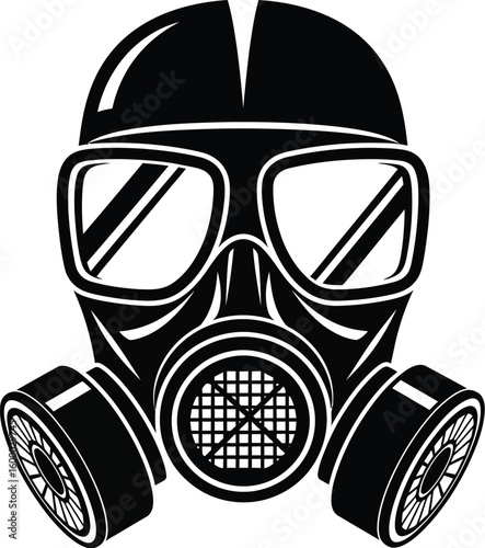Black gas mask with two canisters and protective lenses, representing safety and hazard