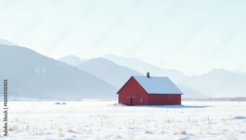 Fototapeta premium Red barn on snow covered field with mountain backdrop Winter landscape scene