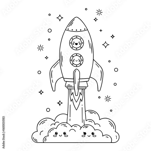 Adorable rocket vector blasting off with cute faces in windows and clouds, surrounded by stars in a cartoon space theme