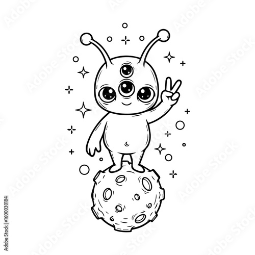 Cute alien vector standing on moon with peace sign, surrounded by stars in a fun cartoon outer space style
