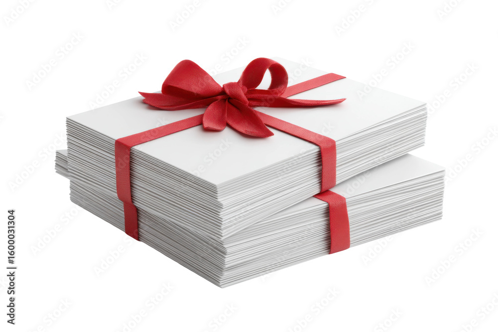 Fototapeta premium Gift presentation with red bow indoor setting cardstock papers. Isolated on transparent background, png.