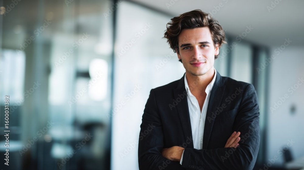 Professional young man in formal attire standing confidently in modern office setting. Professional young man in formal attire standing confidently in modern office setting.