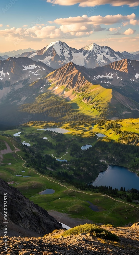 Fototapeta premium Panoramic View of Mountainous Terrain with Lakes and Snow-Capped Peaks