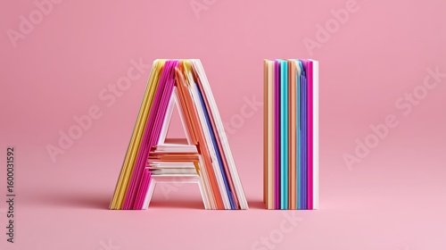 Colorful paper representation of AI letters displayed against a pink background in a creative art setting