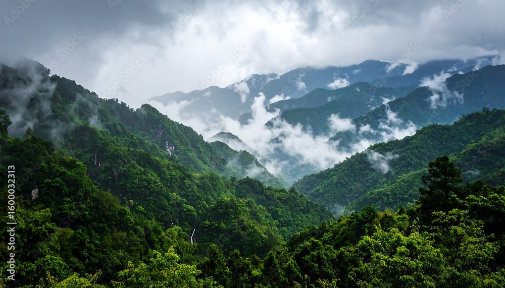 Naklejka premium Lush mountain range shrouded in mist