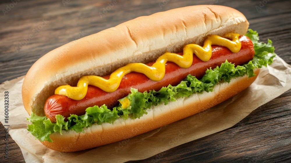 Tasty Hot Dog with Mustard and Crisp Lettuce on Rustic Wooden Surface, Classic American Delight Tasty Hot Dog with Mustard and Crisp Lettuce on Rustic Wooden Surface, Classic American Delight