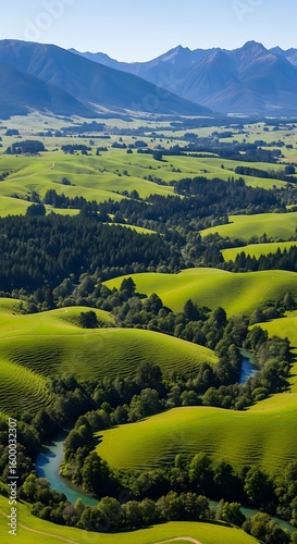 Rolling green hills and river meandering through a mountain valley vista