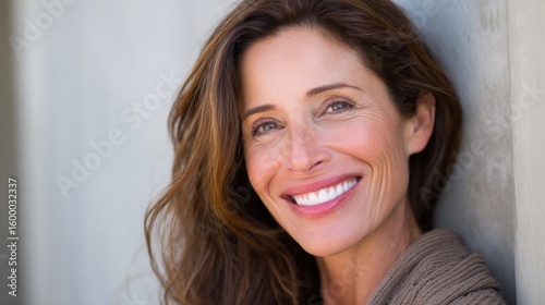 Smiling woman with long brown hair leaning against wall outdoors in bright natural light.