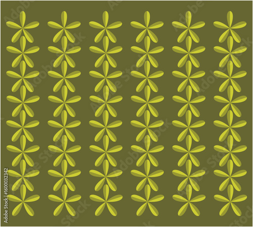Bright yellow floral motifs cascade in vertical harmony against an earthy green canvas, resembling stylized vines glowing with rhythmic energy.