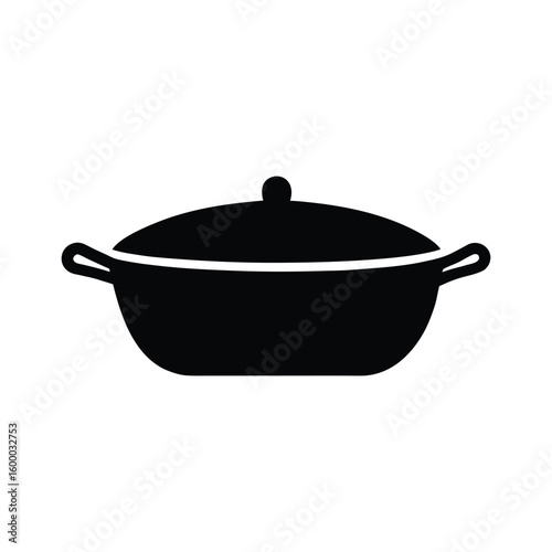 Vector illustration of a closed black cooking pot with handles and a lid on a white background.