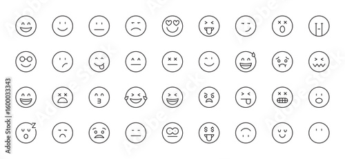 Emoji icon set. Smiley, coolness, laughter, joy, nauseous, happy, mistake, shock, love of money, loving, excited, wink, sleep, crying, angry, shame. Emotion sign. Vector illustration. Editable stroke.