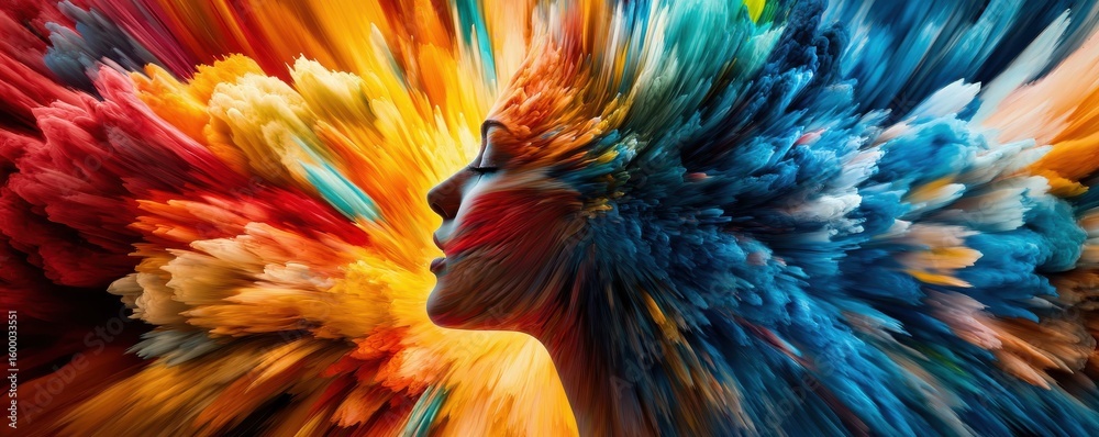 Fototapeta premium Emotional control concept Vibrant abstract portrait with explosive colors representing energy and emotion.