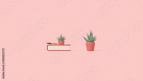 Red book with pen and two potted succulents on pink background plants office