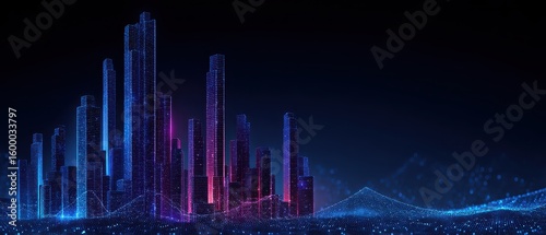 Futuristic city skyline with vibrant neon colors highlighting skyscrapers against a dark background, symbolizing advanced technology and innovation.