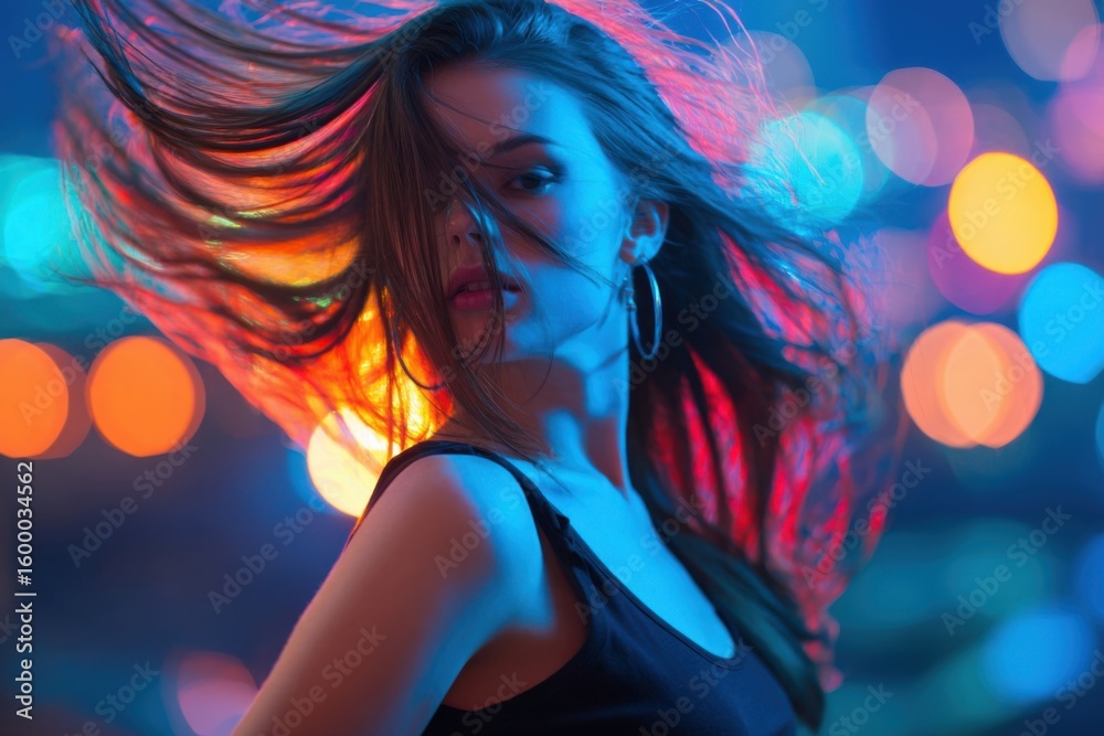 Naklejka premium Vibrant long exposure photo of young woman with flowing hair dancing at colorful night lights.